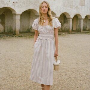 NWT: Pomander Place  Tan Stripe Puff Sleeve Flynn Dress M- SOLD OUT